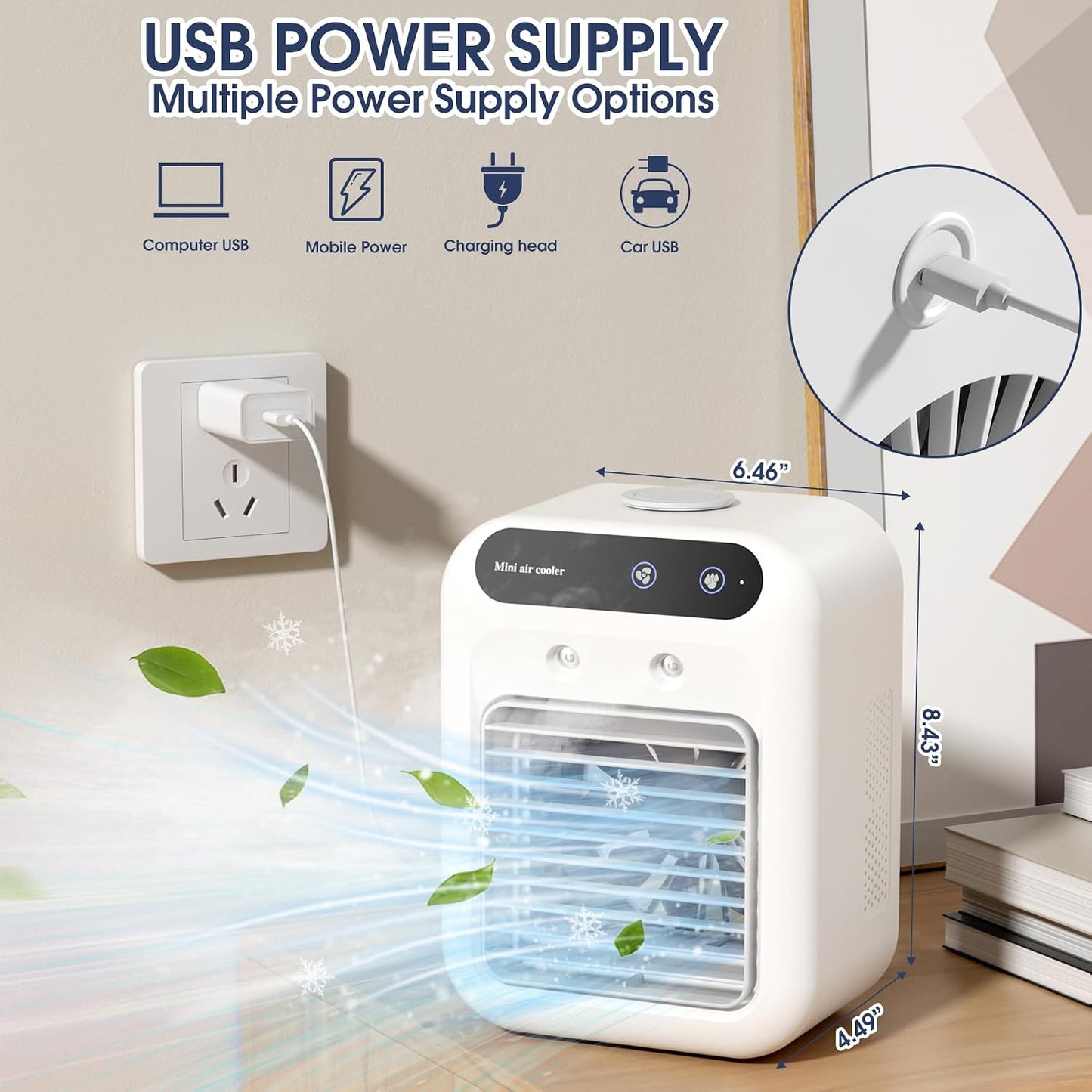 Portable Air Conditioner, 25W Rechargeable Mini Air Conditioner 2 Cool Air Spray, Evaporative Air Cooler with 2 Speeds, Small Room Mini AC for Car Bedroom Office Outdoor