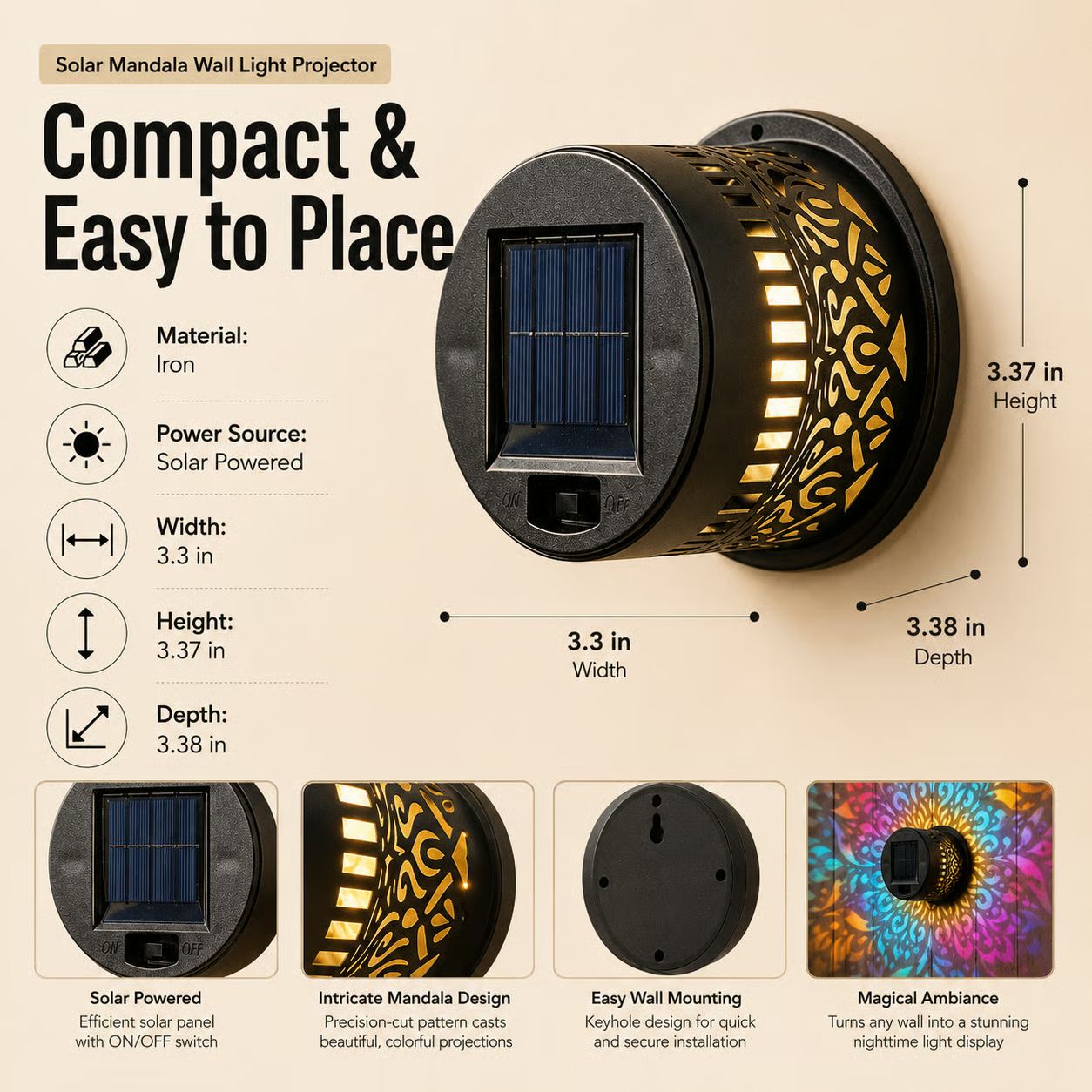 🎁2026 New Arrivals 💥Solar Mandala Wall Light Outdoor Garden Fence Projector Lamp Patio Ambient Decor