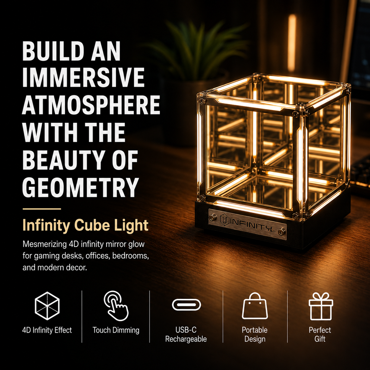 Infinity Mirror Cube LED Night Light – 4D Abyss Mood Lamp, Dimmable Rechargeable Desk Decor