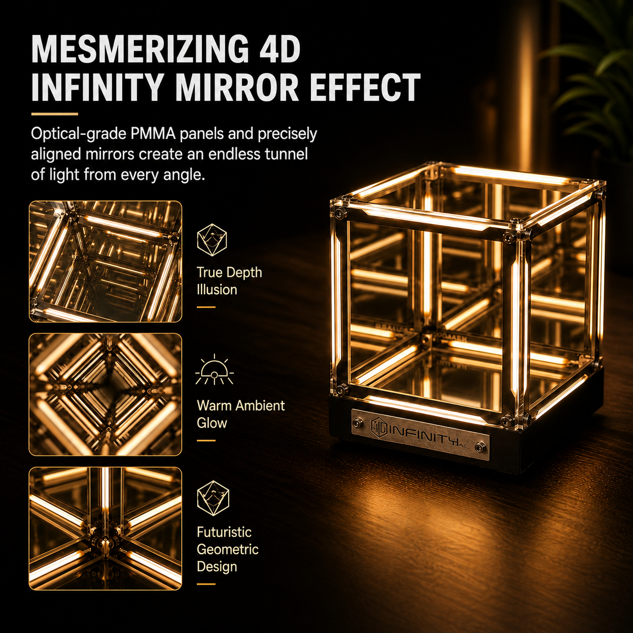 Infinity Mirror Cube LED Night Light – 4D Abyss Mood Lamp, Dimmable Rechargeable Desk Decor