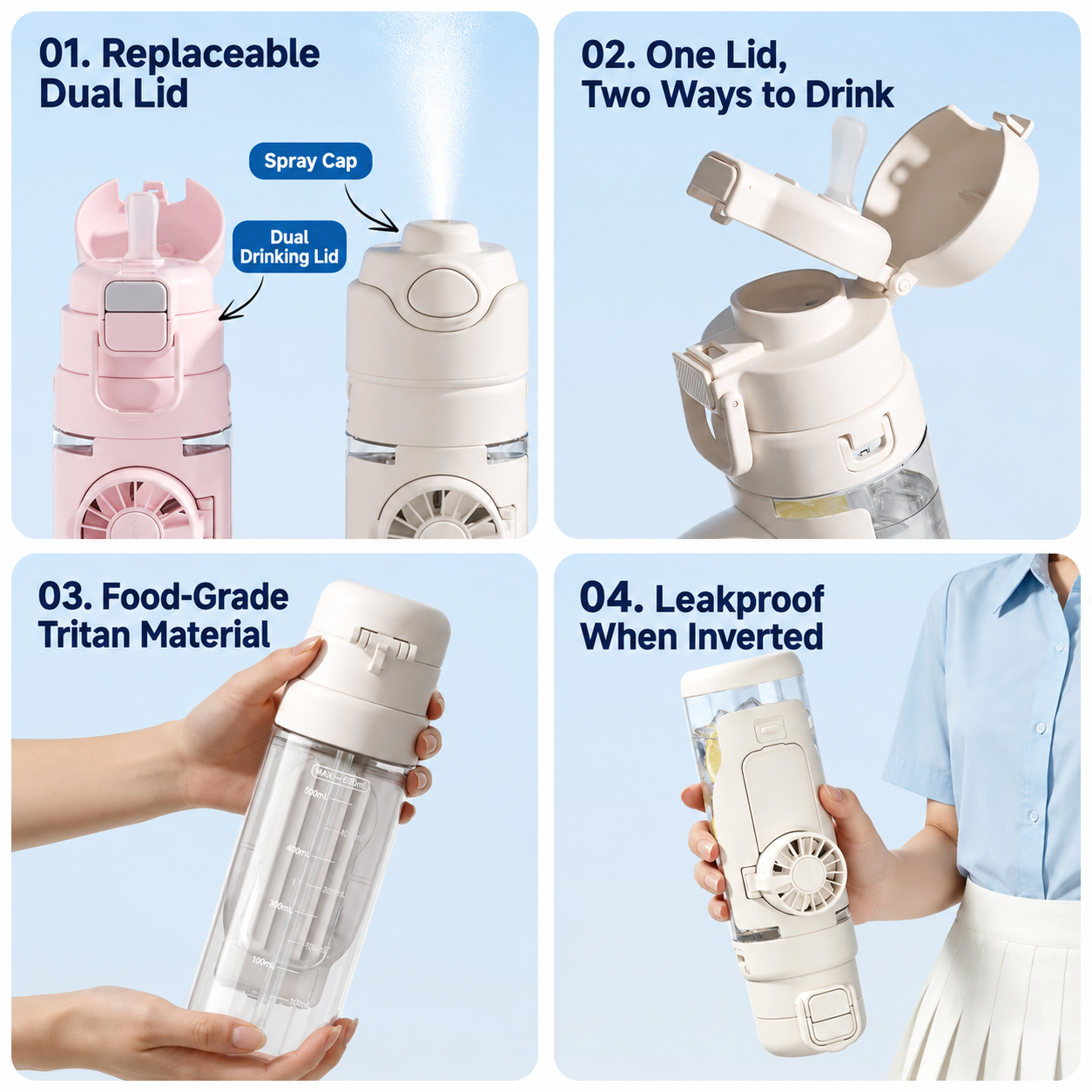 3-in-1 Water Bottle Fan — Spray Mist