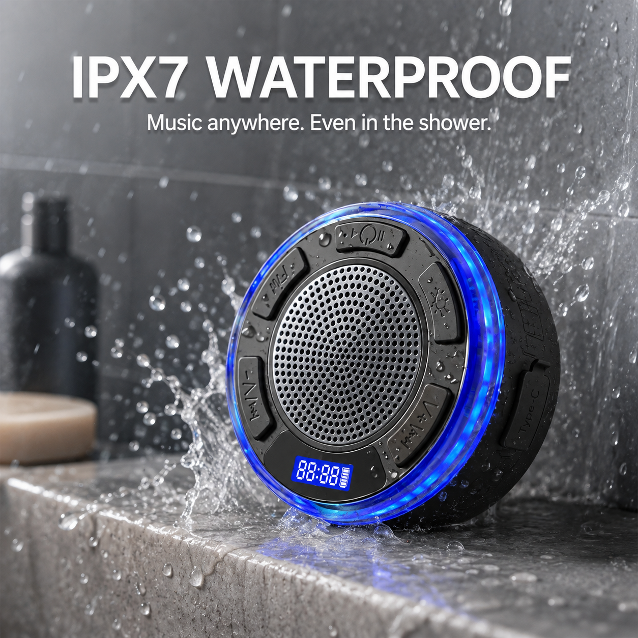 Aquro S3 Ultra – IPX7 Waterproof Shower Speaker with RGB Light & LED Display