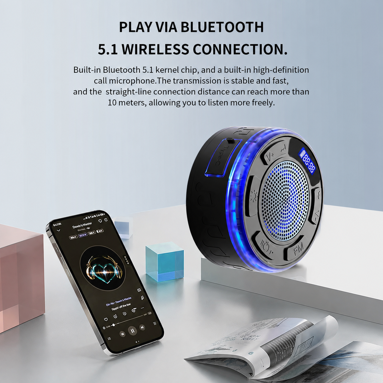 Aquro S3 Ultra – IPX7 Waterproof Shower Speaker with RGB Light & LED Display