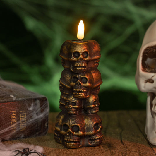 Halloween Stacked Skulls Candle Light – Spooky Bronze Décor