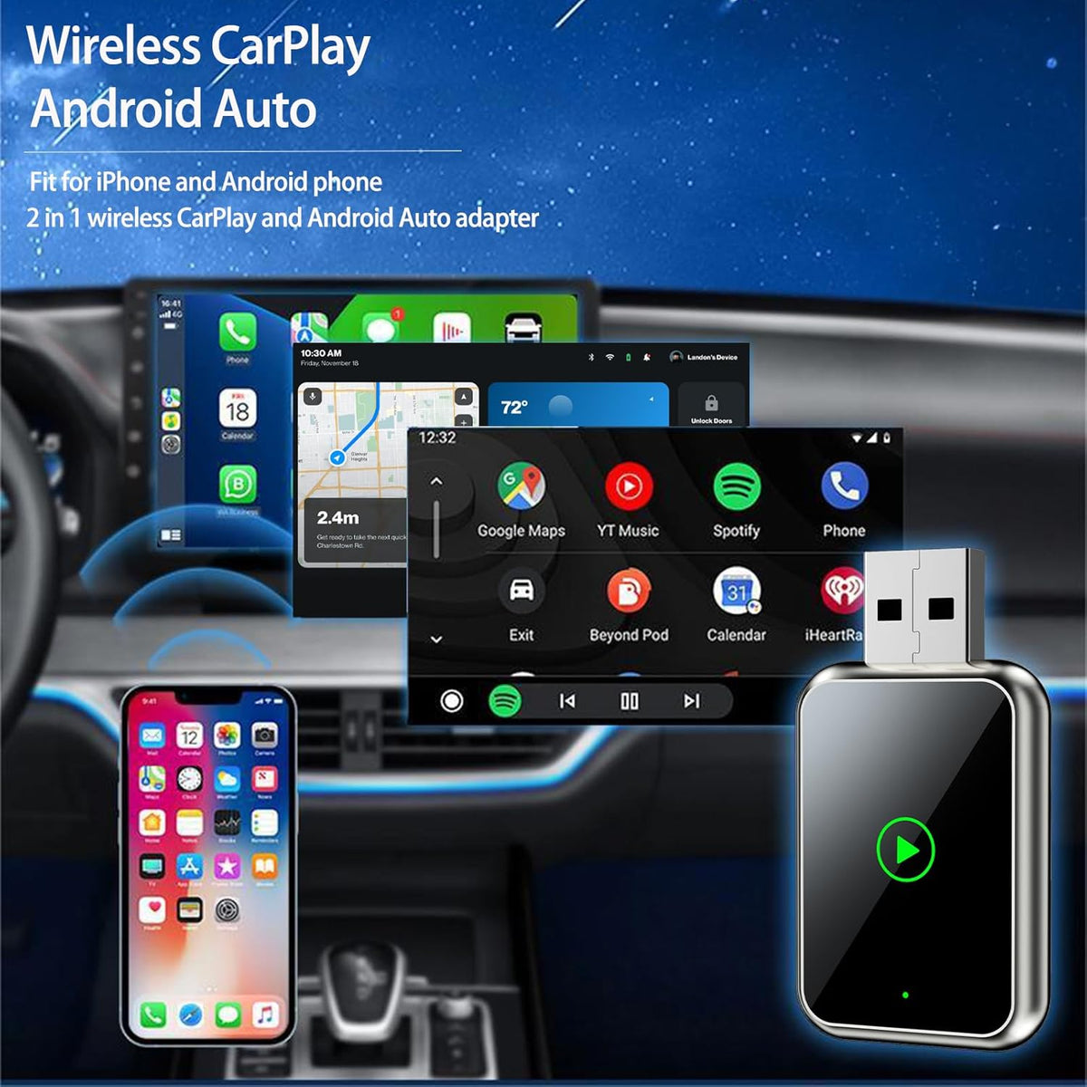 2-in-1 Wireless CarPlay & Android Auto Adapter – Plug & Play