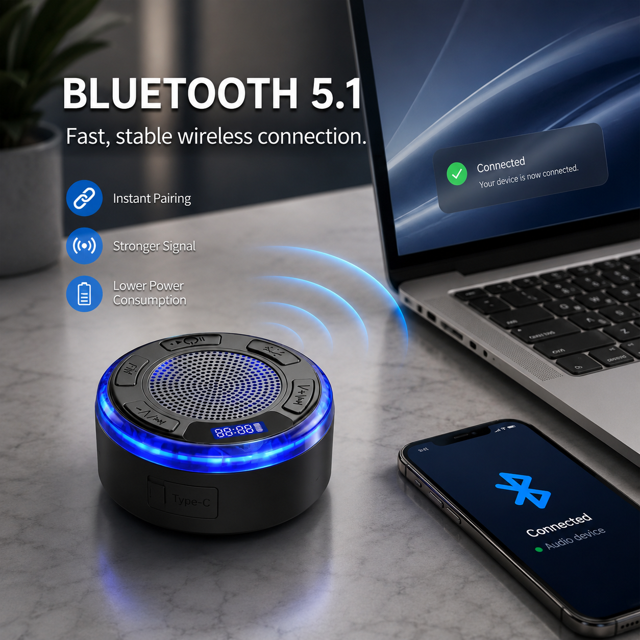 Aquro S3 Ultra – IPX7 Waterproof Shower Speaker with RGB Light & LED Display