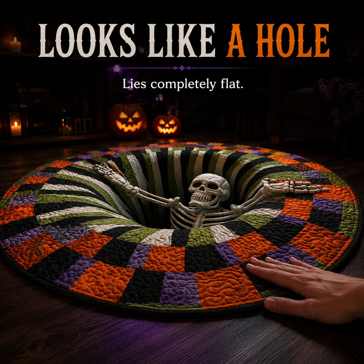 3D Skeleton Vortex Quilted Round Halloween Rug