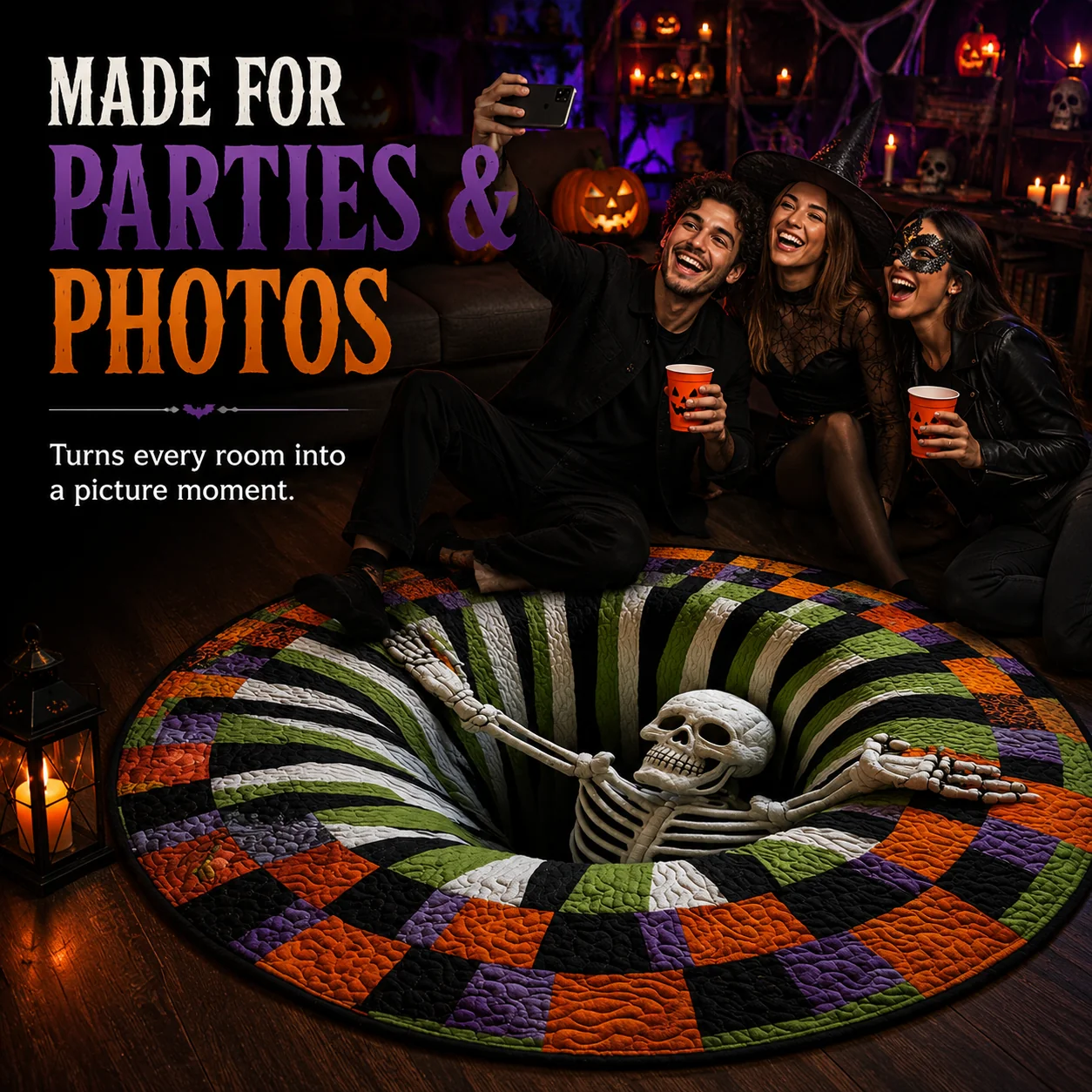 3D Skeleton Vortex Quilted Round Halloween Rug