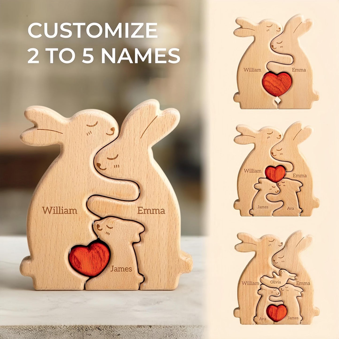 Personalized Magnetic Wooden Rabbit Family Puzzle