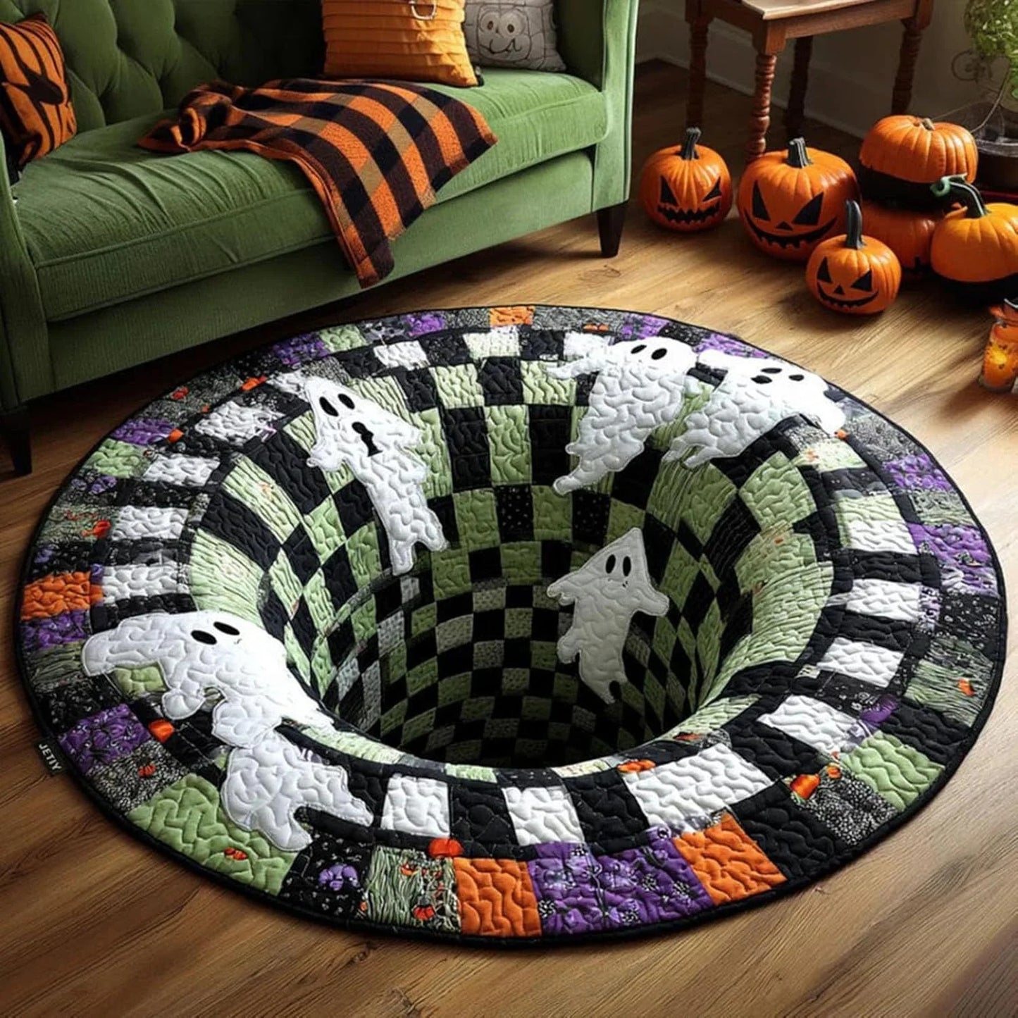 3D Skeleton Vortex Quilted Round Halloween Rug