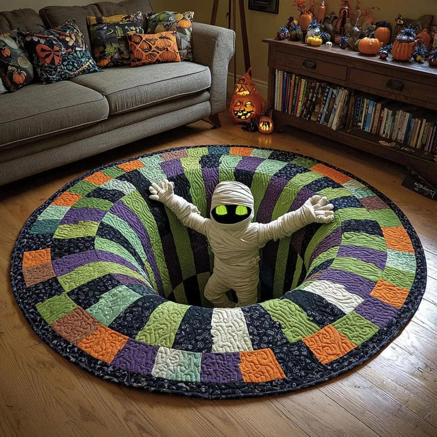 3D Skeleton Vortex Quilted Round Halloween Rug