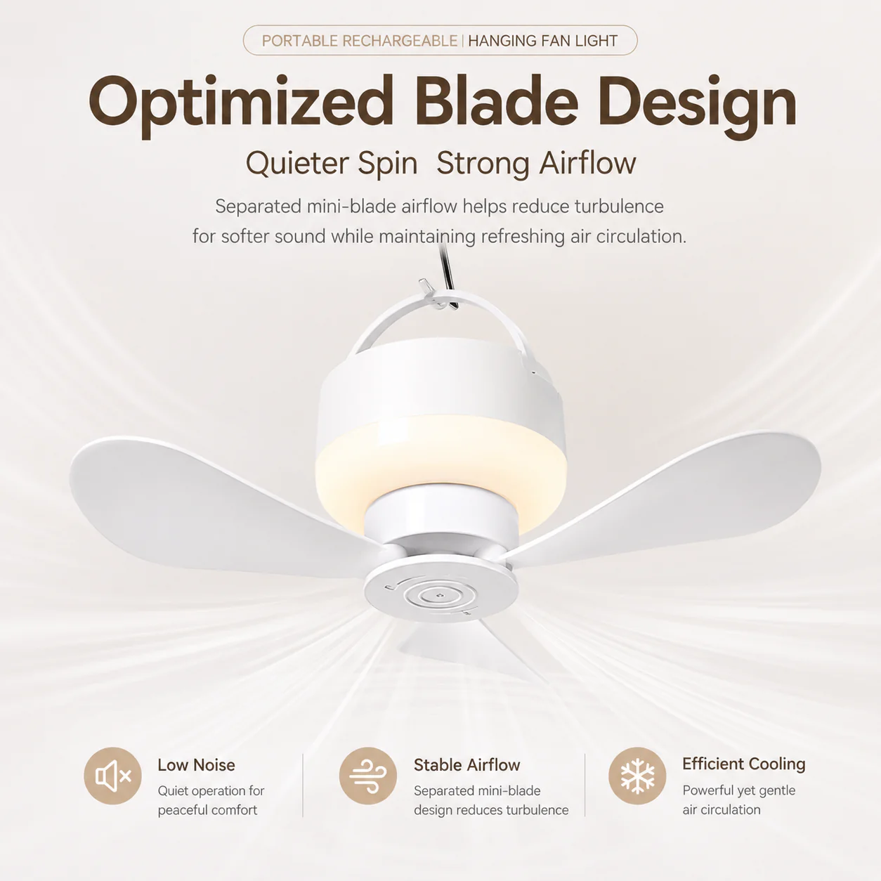 Portable Rechargeable Hanging Fan Light for Indoor & Outdoor Use