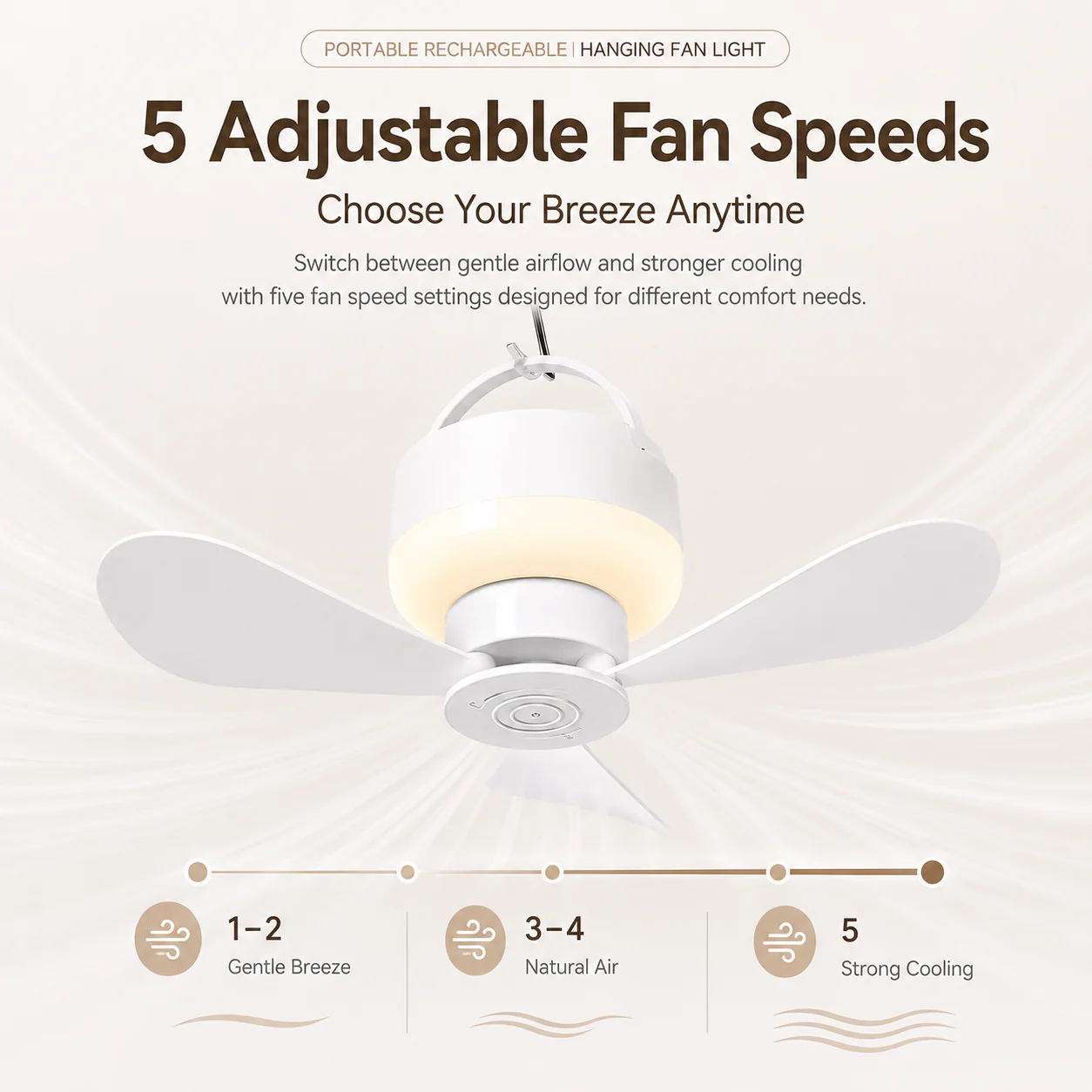 Portable Rechargeable Hanging Fan Light for Indoor & Outdoor Use
