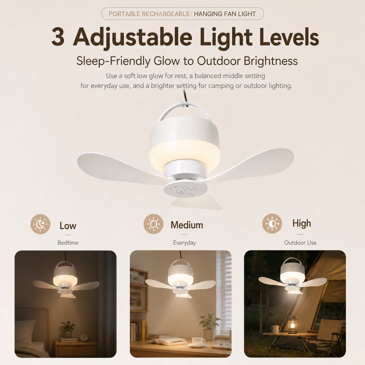 Portable Rechargeable Hanging Fan Light for Indoor & Outdoor Use