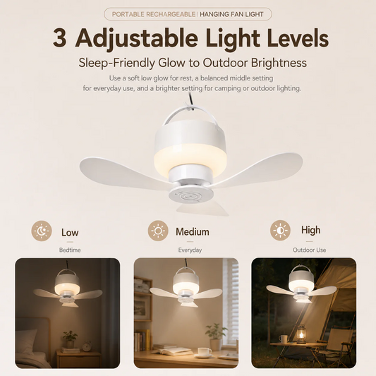 Portable Rechargeable Hanging Fan Light for Indoor & Outdoor Use
