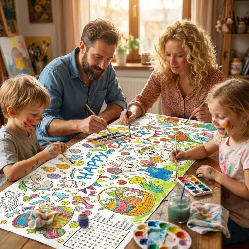 Easter Day Giant Coloring Poster with Bunny Eggs Rabbits Flowers
